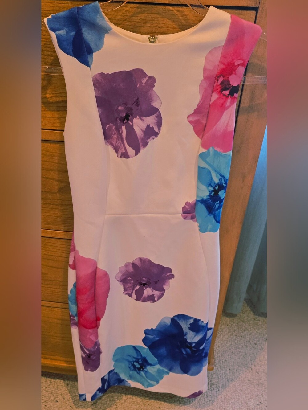 Calvin Klein White Dress with Pink and Purple Floral Accents, Sz 2 Women's
